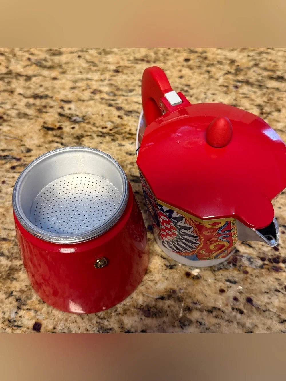 NEW Brandani 9 Cup Italian Coffee Maker Aluminum Moka Pot Sicilian Pattern Red